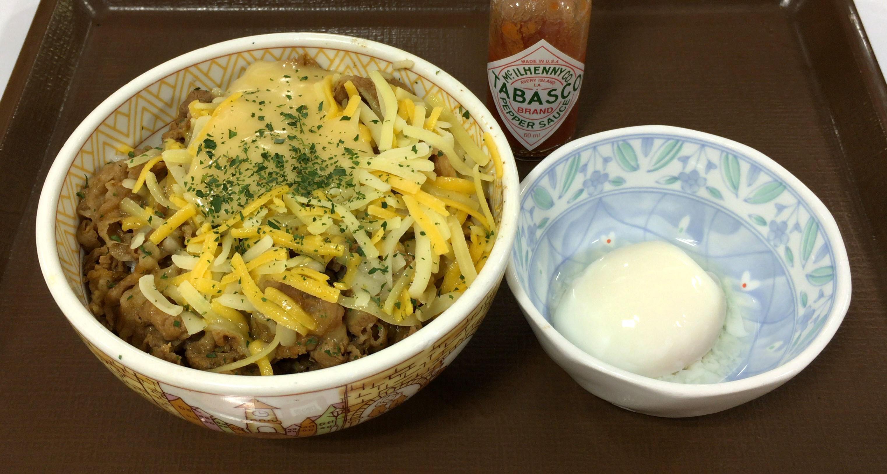 Cheese beef bowl with a soft-boiled egg from Sukiya.